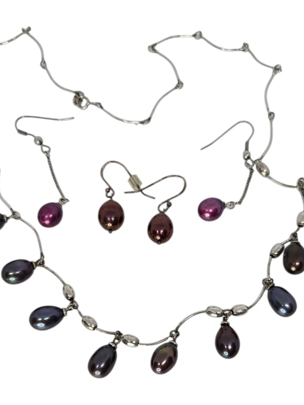 925 Silver Necklace and Earrings Matching Set with Dark Iridescent Pearl Drops